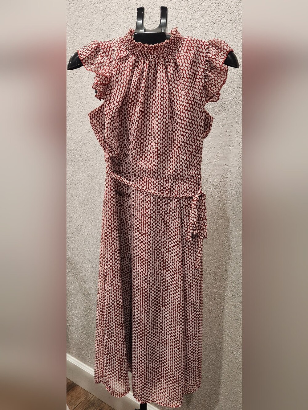 Women's Red Patterned Ruffle-Sleeve Dress